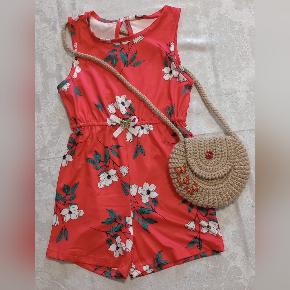 Girls Summer Floral Jumpsuit & Purse